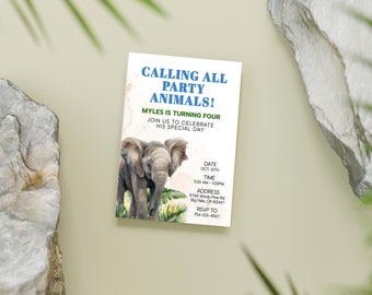 Safari Birthday Invitation, Editable Invitation, Animal Party, Jungle Invite, Elephant Invitation, Instant Download, Elephant Invite, FAN120
