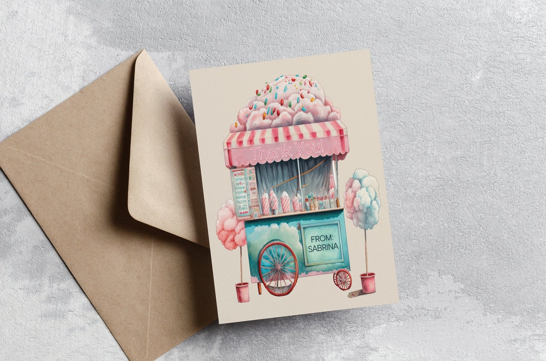 Cotton Candy Thank You Card, Birthday Party Template, Editable Thank