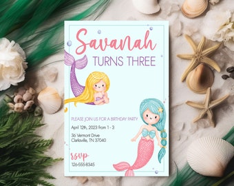 Birthday Invitation Mermaid Party Invite Mermaid Theme Birthday Girl Invitation Mermaid Invite Under The Sea Little Girl Mermaid FAN139