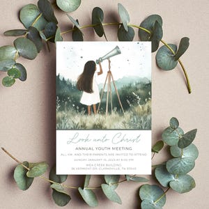 May include: An invitation card featuring a watercolor illustration of a person looking through a telescope. The card has the text "Look unto Christ" and details for an annual youth meeting. Eucalyptus branches frame the card on a neutral background.