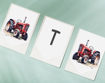 May include: A red tractor with a white background. The tractor is on a white banner with the letter "T" on it. The banner is part of a set of banners with tractors and letters.