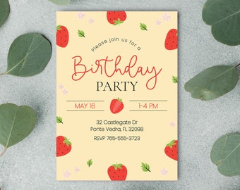 Berry First Birthday, Cute Strawberry Invitation, Berry Birthday, Strawberry Theme Party, Birthday Invite Strawberry, Berry Party, FAN144