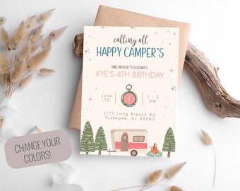 Camping Geburtstagseinladung, bearbeitbare Einladung, Camping Geburtstag, Camping Invite, Camping Party Thema, Sofortiger Download, Kinderparty, FAN141
