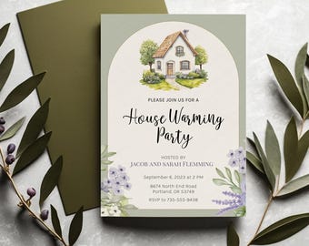 May include: A green and white housewarming party invitation with a watercolor illustration of a house with a green roof and white trim. The text reads "Please join us for a House Warming Party Hosted by Jacob and Sarah Flemming September 6, 2023 at 2 PM 8674 North End Road Portland, OR 53749 RSVP to 735-555-9438"