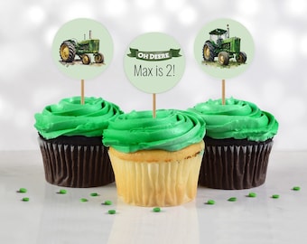 Green Tractor Cupcake Toppers, Tags, Editable Cupcake Toppers, Tractor Tag, Instant Download, Editable Tags, Tractor, Farming Party, FAN122