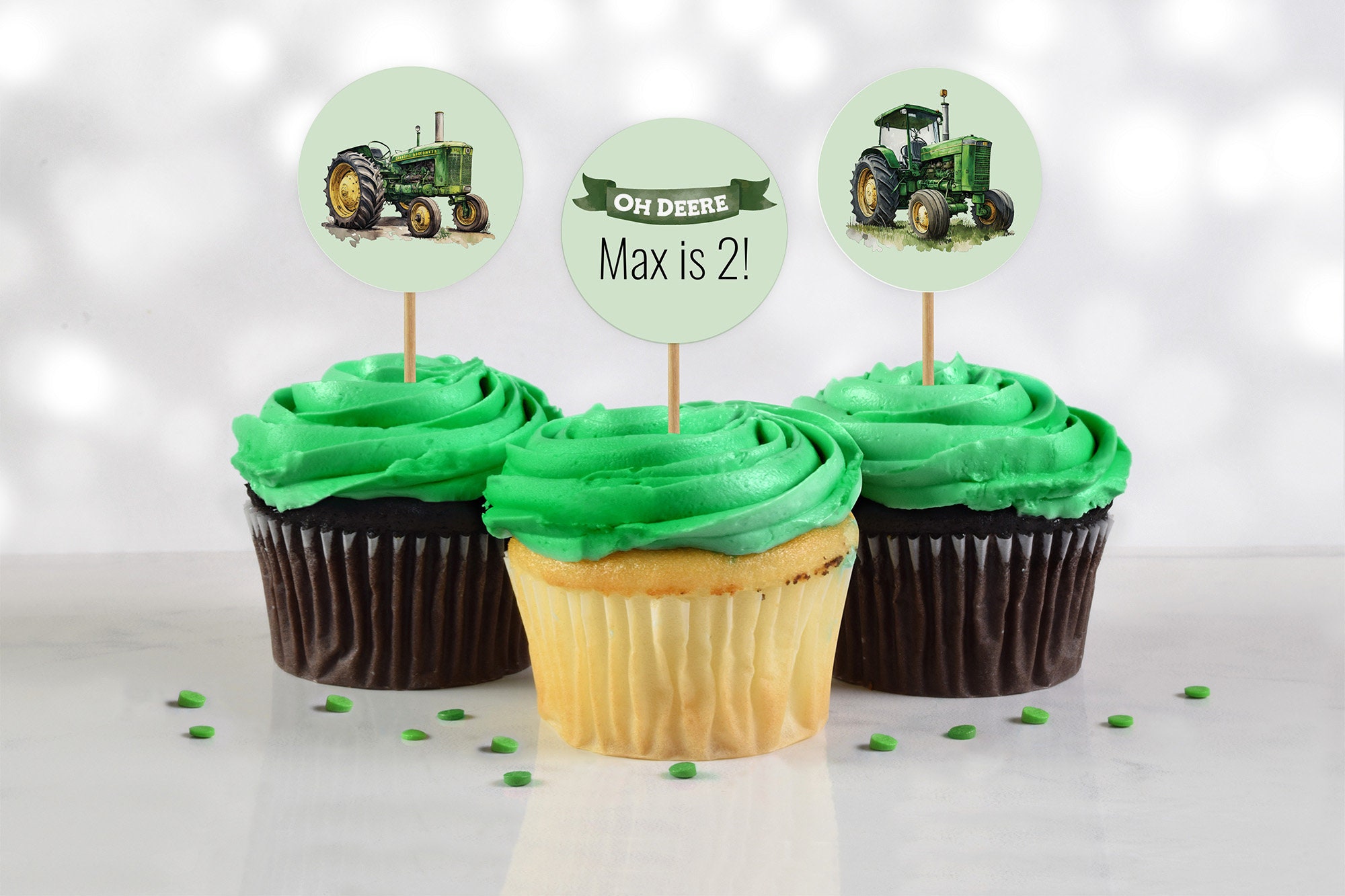 Green Tractor Cupcake Toppers, Tags, Editable Cupcake Toppers, Tractor ...