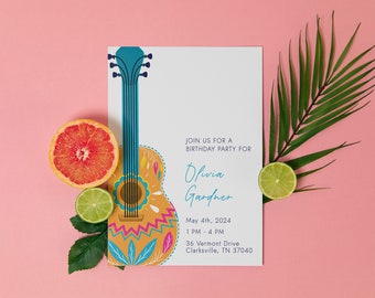 Op de afbeelding: Een witte uitnodiging met een kleurrijke gitaarillustratie. De uitnodiging is voor Olivia Gardner's verjaardagsfeest op 4 mei 2024 van 13:00 tot 16:00 uur. Het adres is 36 Vermont Drive, Clarksville, TN 37040.