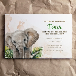 Safari Birthday Invitation, Editable Invitation, Animal Party, Jungle Invite, Elephant Invitation, Instant Download, Elephant Invite, FAN120