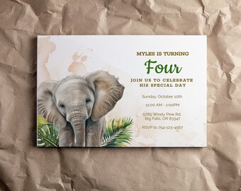 Safari Birthday Invitation, Editable Invitation, Animal Party, Jungle Invite, Elephant Invitation, Instant Download, Elephant Invite, FAN120
