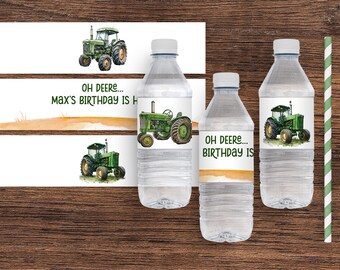 May include: Water bottle labels with a green tractor design and the text "Oh Deere... Max's Birthday is Here!"