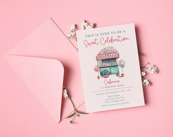 Invitation d'anniversaire de barbe à papa, Invitation modifiable, anniversaire de bonbons, invitation de bonbons, thème de fête de barbe à papa, fête d'enfant, amusement, FAN125