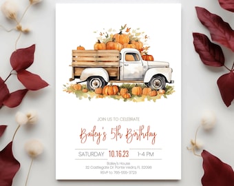 Herfst pompoen verjaardag uitnodigen, boerderij vrachtwagen met pompoenen, pompoen uitnodiging, kleine pompoen, pompoen vrachtwagen, pompoen vrachtwagen, aquarel, FAN131