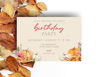 May include: A beige invitation card with a handwritten "birthday party" in pink script. The card is decorated with watercolor illustrations of pumpkins and flowers. The text reads "You're invited to Kate's birthday party, Saturday August 11 | 2 PM, 32 Castlegate Dr, Ponte Vedra, FL 32098, rsvp 765-555-3723."