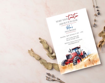 Puede incluir: Un tractor rojo con una cabina blanca y ruedas negras está conduciendo por un campo de trigo. La invitación es para el quinto cumpleaños de Mae. El texto dice "Arranca tu tractor y ponlo en marcha. El quinto cumpleaños de Mae. Sábado, 2 de abril de 11 AM a 1 PM. 2519 Lonely River Rd. Macon, Georgia 31206. RSVP antes del 27 de marzo a Kaya. Kay@email.com"