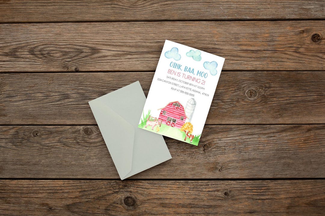 Editable Oink, Baa, Moo! Birthday Invitation, Turning Two, Farm Animal ...
