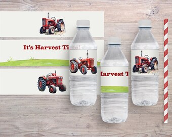 May include: Water bottle labels with a red tractor illustration and the text "It's Harvest Time!" printed on them. The labels are designed for a farm-themed party.