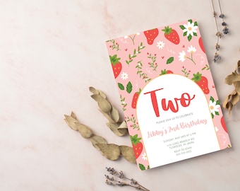 Berry First Birthday, Cute Strawberry Invitation, Berry Birthday, Strawberry Theme Party, Birthday Invite Strawberry, Berry Party, FAN144