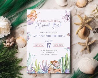 Birthday Invitation Mermaid Party Invite Mermaid Theme Birthday Girl Invitation Mermaid Invite Under The Sea Little Girl Mermaid FAN139