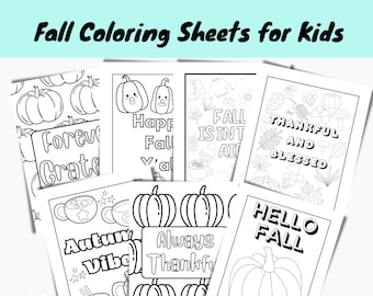 May include: A set of 8 black and white printable coloring pages featuring fall themes. The pages include pumpkins, leaves, and text such as "Forever Grateful", "Happy Fall Y'all", "Fall is in the Air", "Autumn Vibes", "Always Thankful", "Thankful and Blessed", and "Hello Fall".