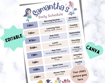 Editable Daily Schedule, Printable Daily Planner, Everyday Routine, Daycare timetable for Babies, toddlers, and kids, Mermaid Theme