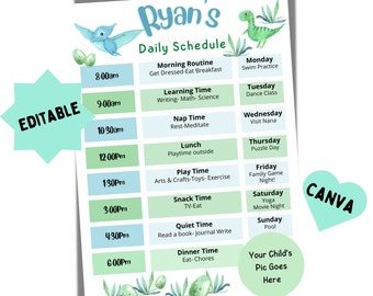 Editable Schedule, Printable Daily Planner- Everyday Routine Schedule- Dinosaur Chart- Daycare Timetable for babies, toddlers, and kids