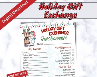 Inclusive Holiday Gift Exchange, Holiday Gift Questionnaire, Gift Ideas, Gift Checklist, Friends, Family, and/or Staff Gift Exchange