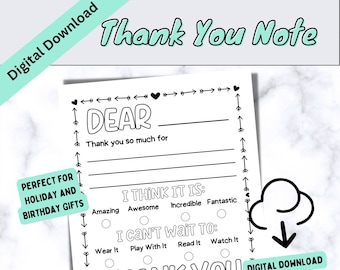 Thank You Notes for Kids, Holiday & Birthday Coloring Notes, Fill InThe Black Thank You Card, Thank You Letter, Thank You Gift Notes