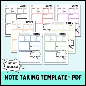 May include: A set of printable note-taking templates in PDF format. The templates are designed with different coloured borders and include sections for topic, subject, book, chapter, facts, questions, learned, and words. Each template also features a large speech bubble for additional notes.