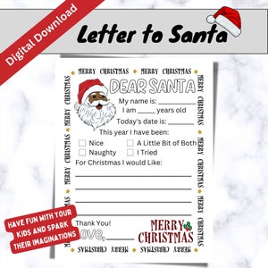 Plantilla de carta a Santa, carta imprimible de Querido Santa, lista de deseos de Navidad, carta para niños a Santa, Santa negro, Santa afroamericano