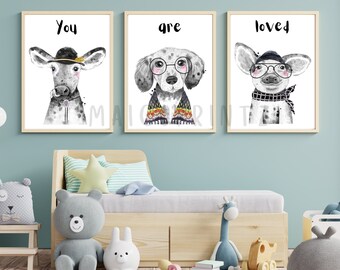 Animales de granja vivero decoración neutral niño decoración vivero niño vivero decoración niña vivero bebé animal impresiones niños pared arte perro vaca cerdo arte