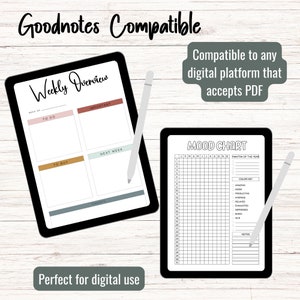 May include: Two digital planner pages on a white wood background. The first page is a weekly overview with sections for "To Do", "Important", "To Buy", and "Next Week". The second page is a mood chart with a grid for tracking mood each day of the year. The text "Goodnotes Compatible" is at the top of the image.
