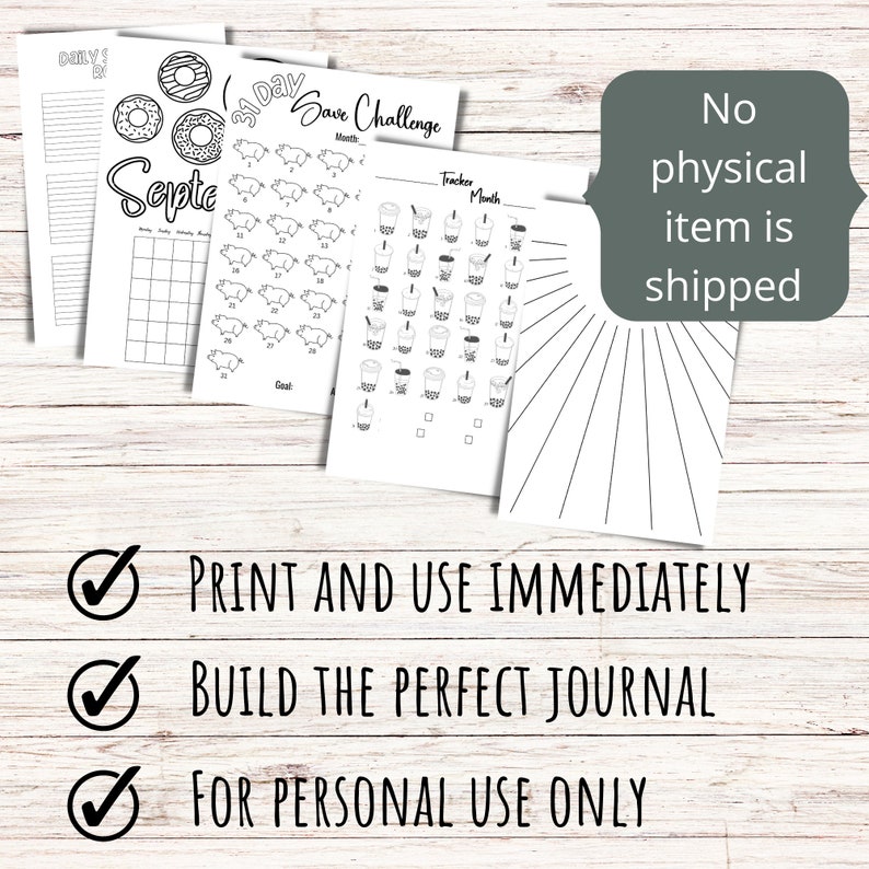 May include: Printable digital download of a 31-day save challenge tracker with a pig illustration. The tracker includes a calendar, a daily log, and a tracker for 31 days. The text "31 Day Save Challenge" is at the top of the page. The text "Tracker Month" is at the top of the tracker page. The text "No physical item is shipped" is in a gray box.