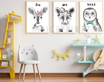 Woodland Nursery Decor Woodland Nursery Art Nursery Baby Animals Woodland Animal Prints Kids Wall Art Baby Shower Gift Woodland Art Nursery