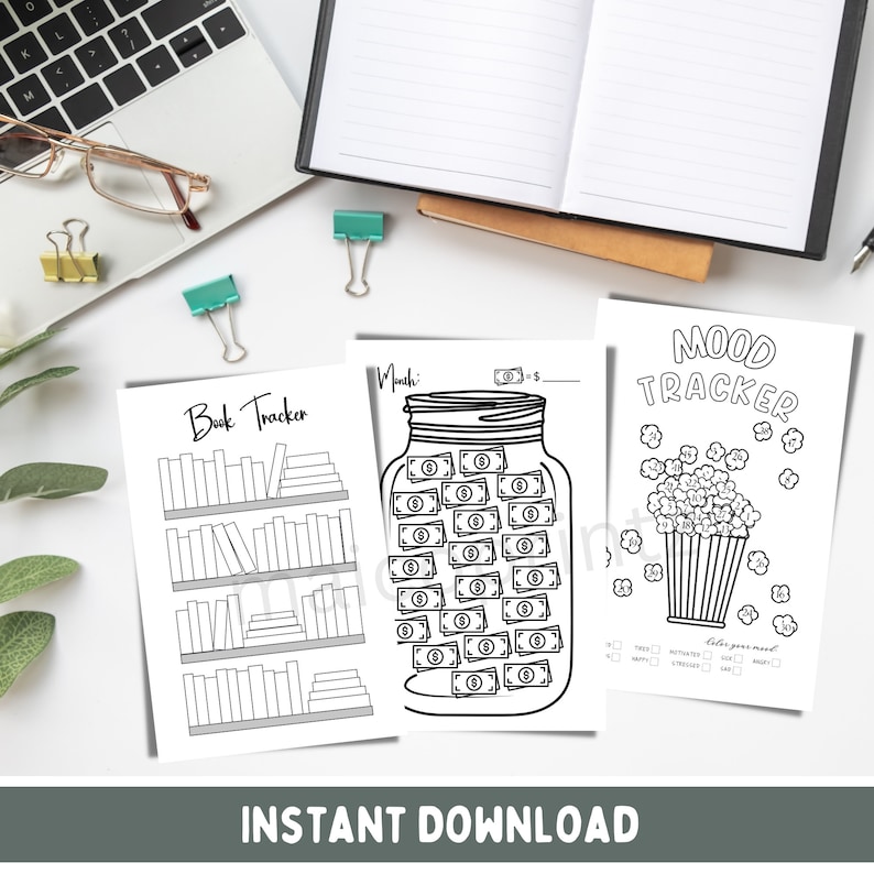 May include: Three printable black and white trackers for a book tracker, a money jar tracker, and a mood tracker. The book tracker has a bookshelf with spaces to write in the titles of books read. The money jar tracker has a jar with dollar bills inside and spaces to write in the month and total amount saved. The mood tracker has a popcorn bucket with spaces to color in the popcorn kernels to track mood.