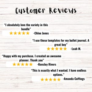 May include: Customer reviews for a digital product. The reviews are positive and include quotes from customers. The quotes highlight the variety, usefulness, and quality of the product.