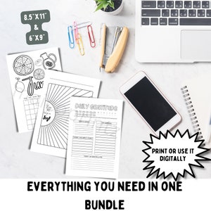 May include: A printable bundle of digital planner pages featuring a black and white illustration of a lemon and the word "Joy!" and a daily gratitude log with sections for today's goals, things I like about myself, and today I am grateful for. The text "PRINT OR USE IT DIGITALLY" is in a speech bubble. The text "EVERYTHING YOU NEED IN ONE BUNDLE" is at the bottom of the image.