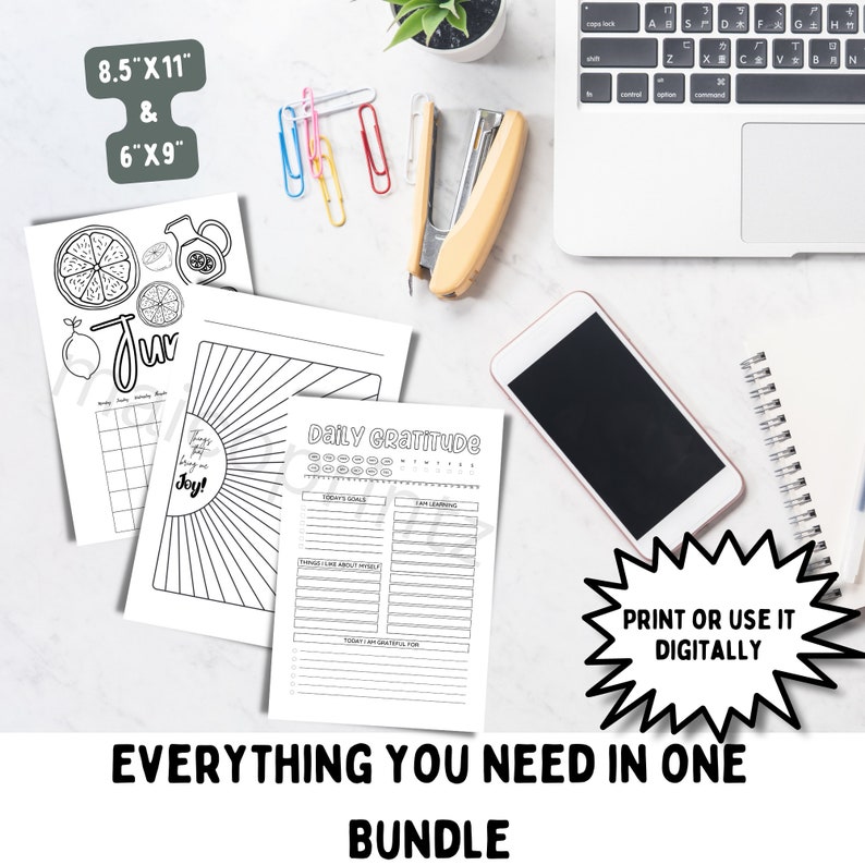 May include: A printable bundle of digital planner pages featuring a black and white illustration of a lemon and the word "Joy!" and a daily gratitude log with sections for today's goals, things I like about myself, and today I am grateful for. The text "PRINT OR USE IT DIGITALLY" is in a speech bubble. The text "EVERYTHING YOU NEED IN ONE BUNDLE" is at the bottom of the image.
