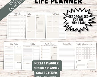 Planner Template, Printable Planner, Daily Planner, Weekly Planner, Monthly Planner, Goal, Health, Productivity, & Finance Tracker, Undated