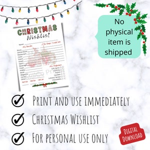 May include: Printable Christmas wishlist with a festive green and red plaid design. The wishlist includes sections for "My Favorites" and "My Preferences". The text "No physical item is shipped" is displayed in a green box.