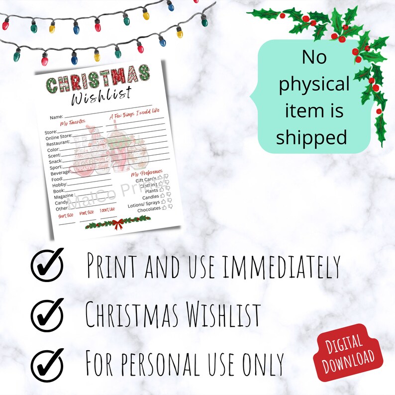 May include: Printable Christmas wishlist with a festive green and red plaid design. The wishlist includes sections for "My Favorites" and "My Preferences". The text "No physical item is shipped" is displayed in a green box.
