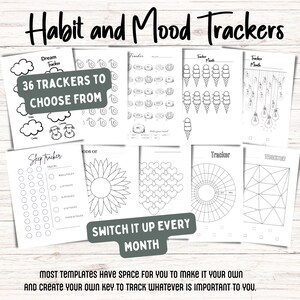 May include: A set of printable habit and mood trackers with various designs, including a sleep tracker, a donut tracker, a flower tracker, and a heart tracker. The text "36 TRACKERS TO CHOOSE FROM" and "SWITCH IT UP EVERY MONTH" is included in the image.