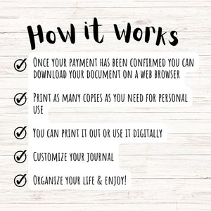 May include: A white wooden background with black text explaining how to download, print, and customize a digital journal. The text includes checkmarks and the words "How it works", "Once your payment has been confirmed you can download your document on a web browser", "Print as many copies as you need for personal use", "You can print it out or use it digitally", "Customize your journal", and "Organize your life & enjoy!"