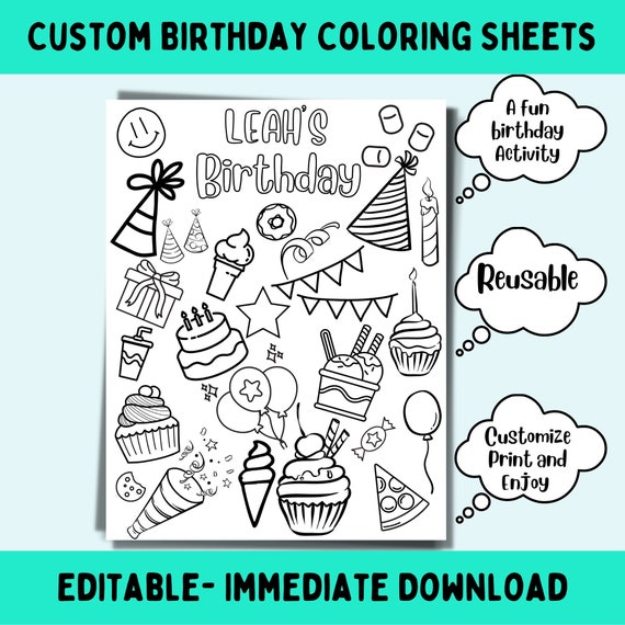 Personalized Birthday Coloring Sheets for Kids Birthday Party - Etsy