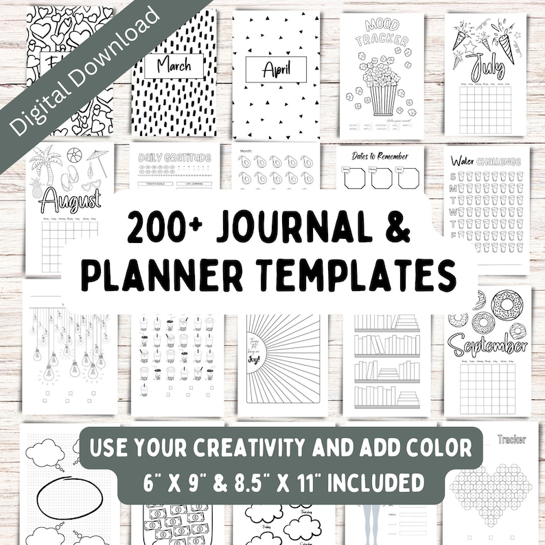 May include: A collection of 200+ black and white printable journal and planner templates. The templates feature various designs, including a mood tracker, water challenge, daily gratitude log, and monthly calendars. The text "200+ JOURNAL & PLANNER TEMPLATES" is displayed in bold, black font. The text "USE YOUR CREATIVITY AND ADD COLOR 6" X 9" & 8.5" X 11" INCLUDED" is displayed in gray font.
