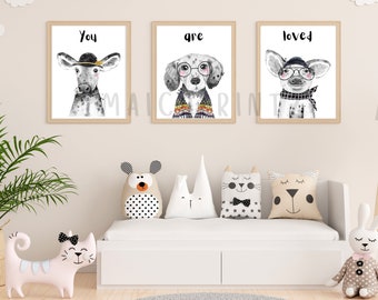 Animales de granja vivero decoración neutral niño decoración vivero niño vivero decoración niña vivero bebé animal impresiones niños pared arte perro vaca cerdo arte