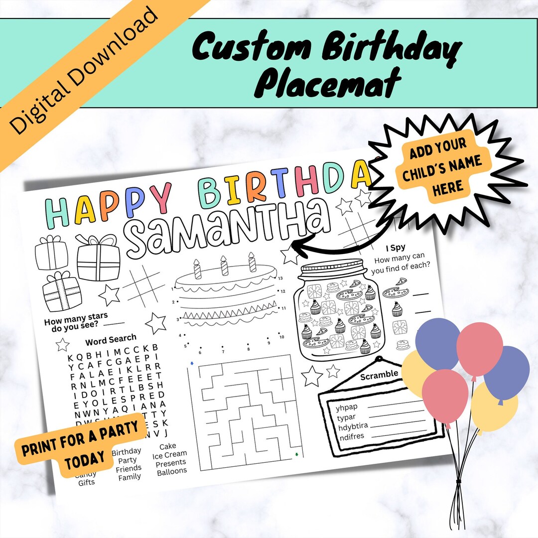 Birthday Activity Party Favors Personalized Birthday Placemat for Kids ...