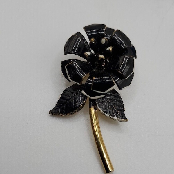 Vintage Black Enamel Rose Flower Brooch Pin w/White Trim & Gold Tone Metal Stem