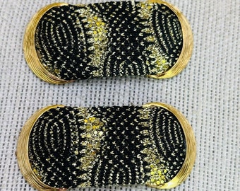 2 Vtg Bluette Made in France Gold Tone Metal Black and Gold Cloth Shoe Clips