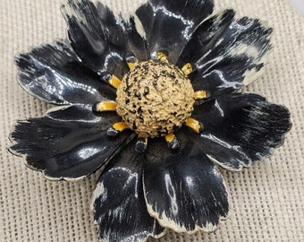 Large Black and Yellow Metal and Enamel Flower 3.75" X 4"  Brooch