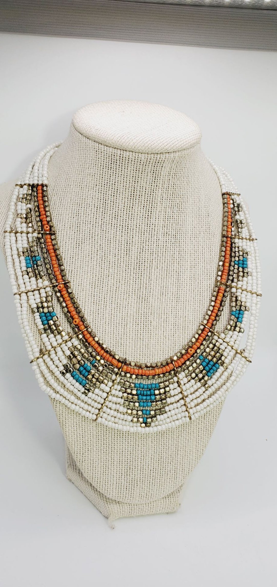 Vintage Seed Bead Layered Collar Necklace Mexico Style Bohemian 16 18